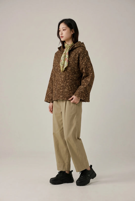 Floral Quilted Linen Hooded Jacket