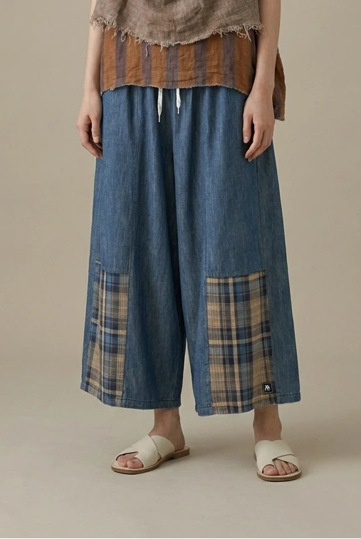 Plaid Patch Denim Wide-Leg Pants