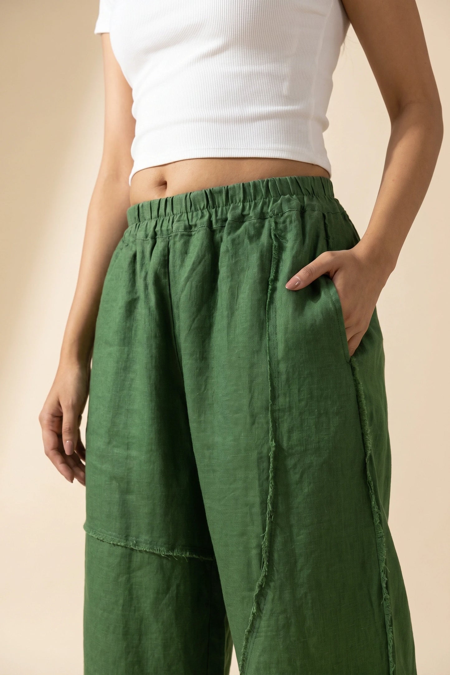 Quiet Stitch Linen Pants–Forest