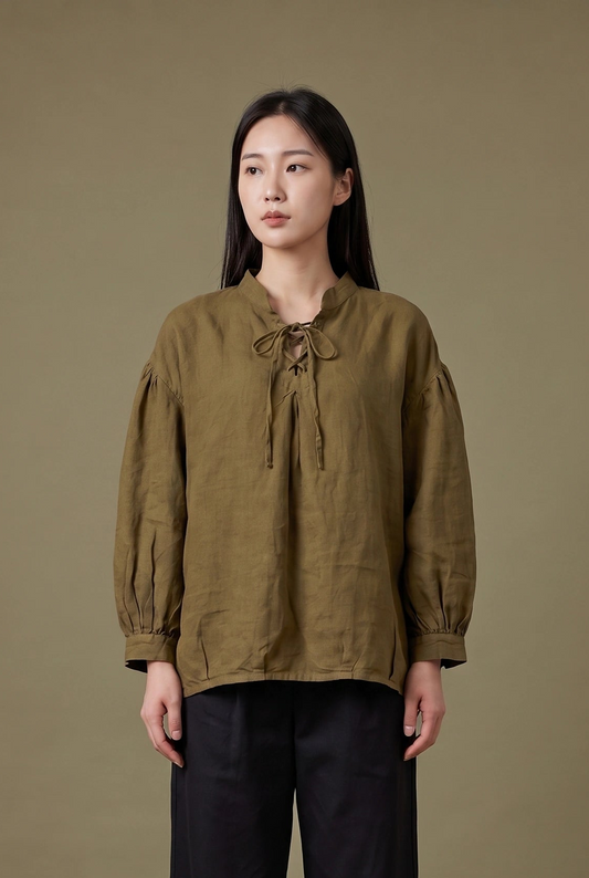Laced Raglan Linen Blouse