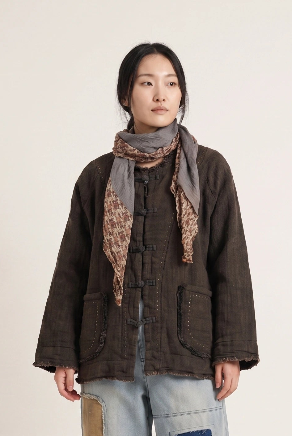 Raw-Edge Linen Frog Jacket (Padded)