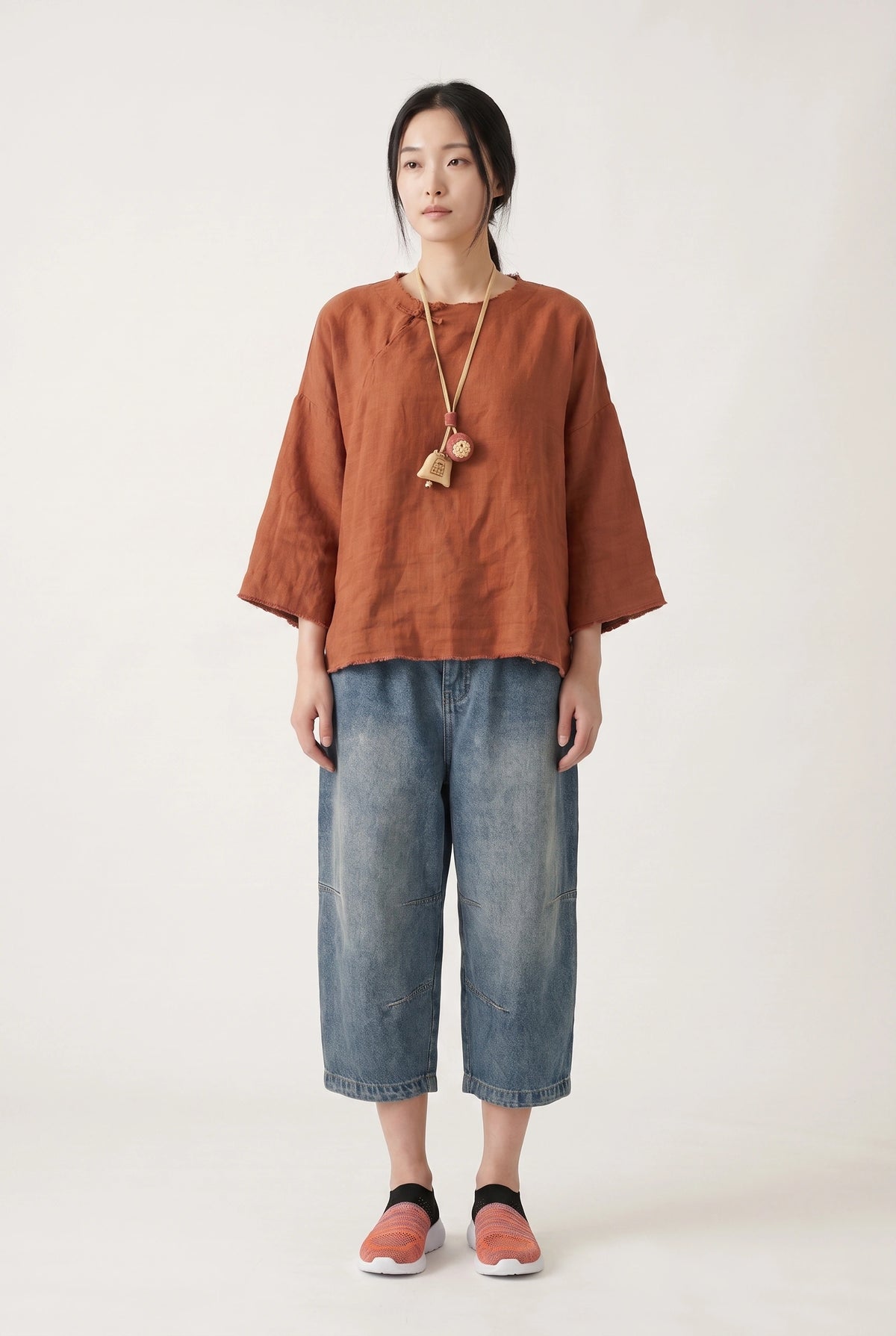 Rust Linen Raw-Edge Top