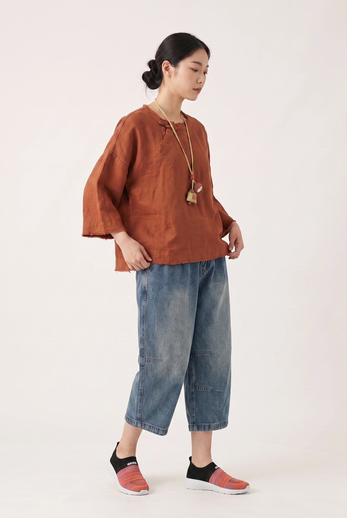 Rust Linen Raw-Edge Top