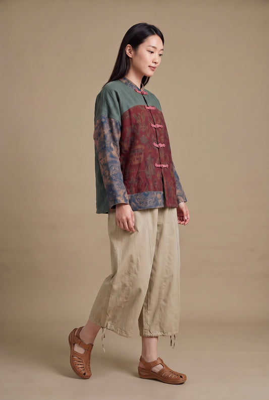 Linen Patchwork Frog Jacket (Padded)