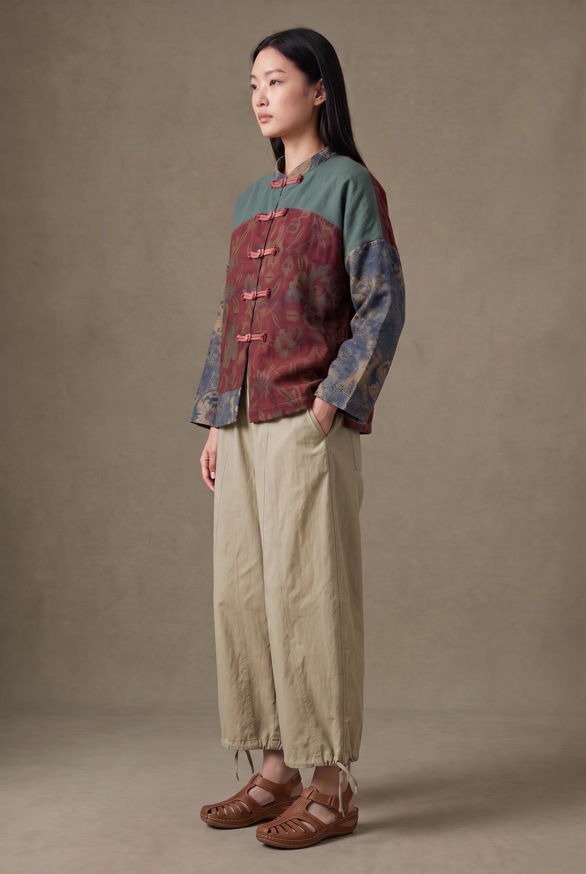 Linen Patchwork Frog Jacket (Padded)