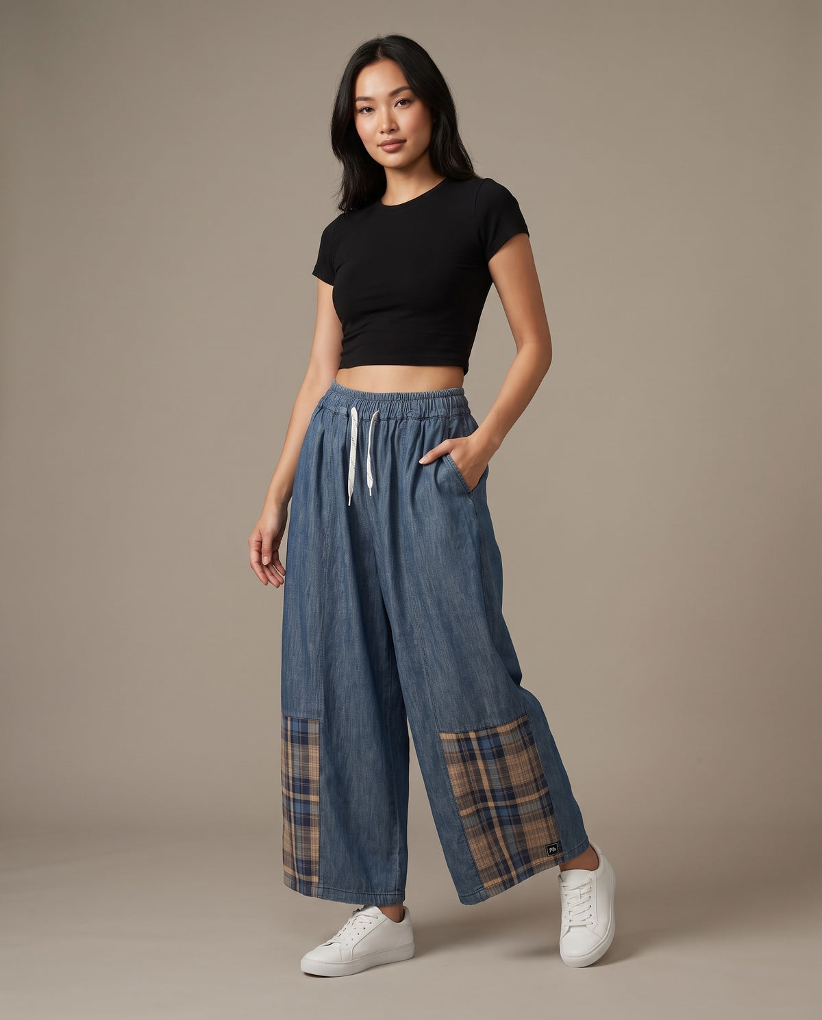 Plaid Patch Denim Wide-Leg Pants
