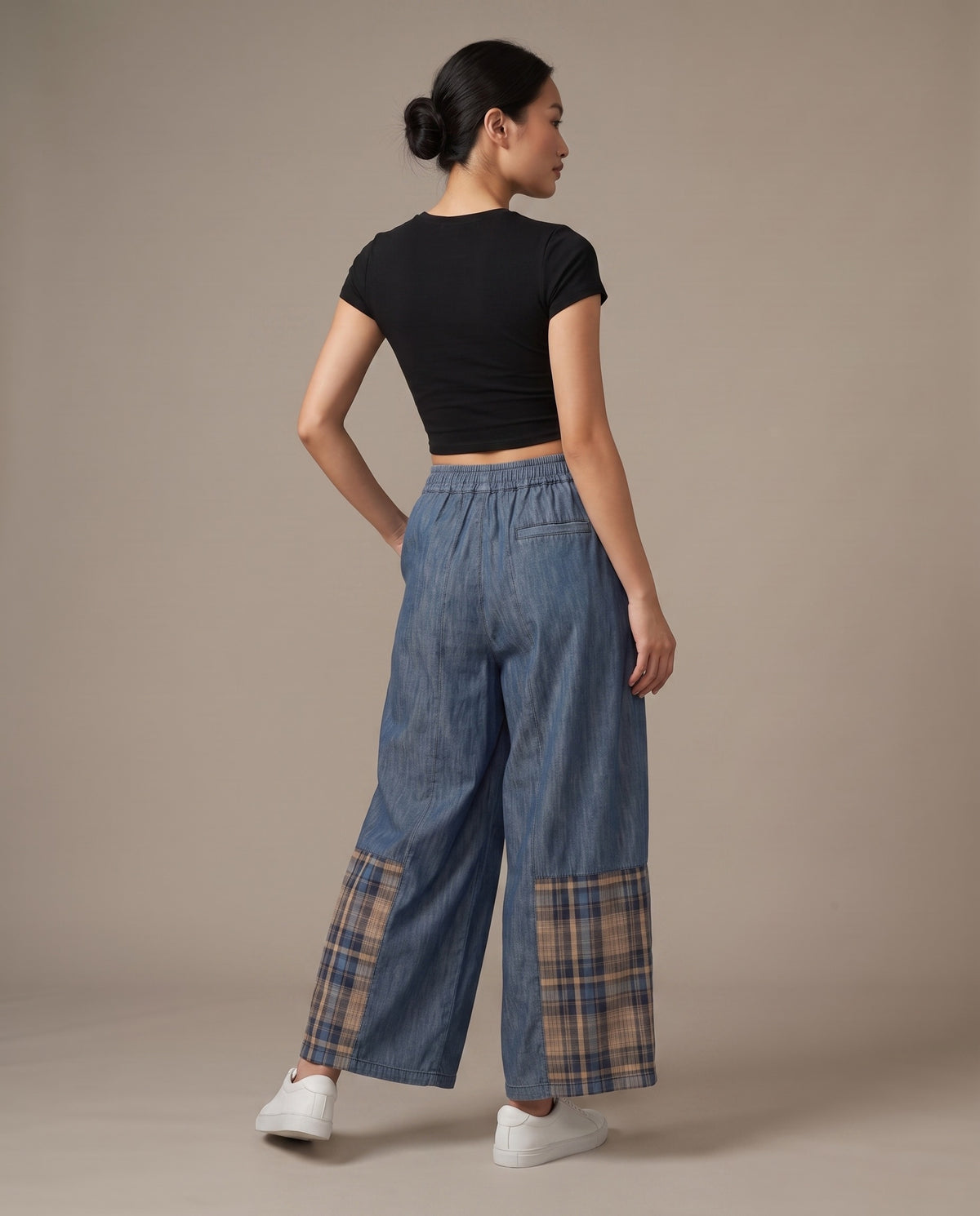 Plaid Patch Denim Wide-Leg Pants