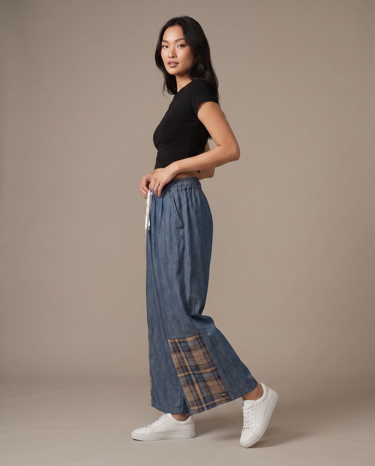 Plaid Patch Denim Wide-Leg Pants
