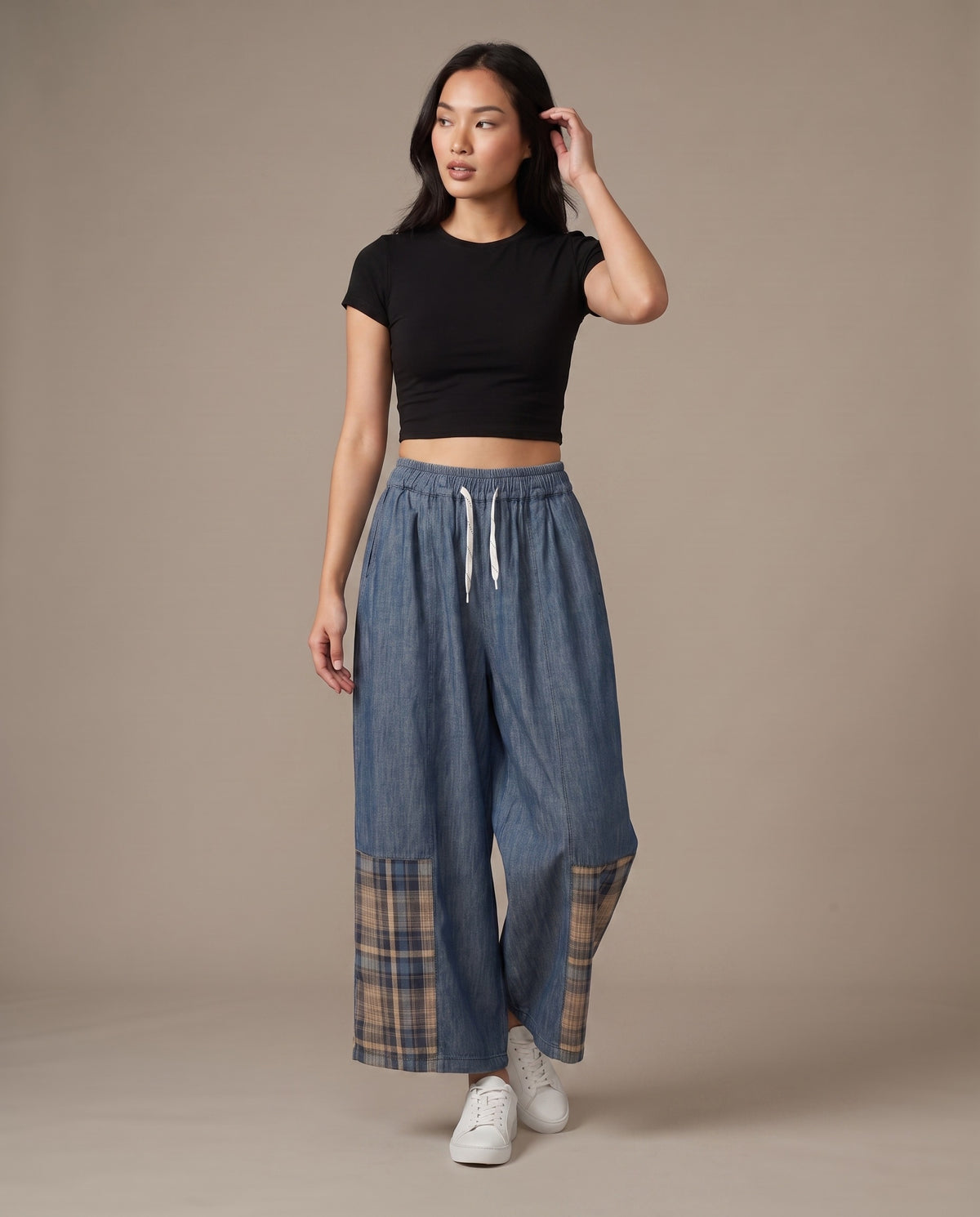 Plaid Patch Denim Wide-Leg Pants