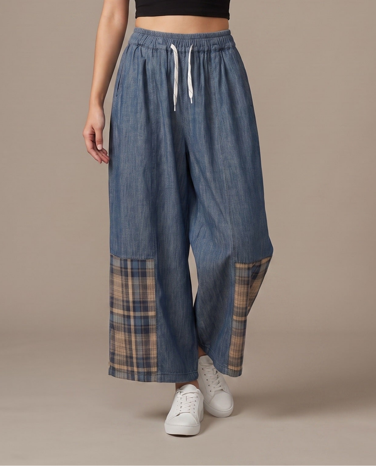 Plaid Patch Denim Wide-Leg Pants