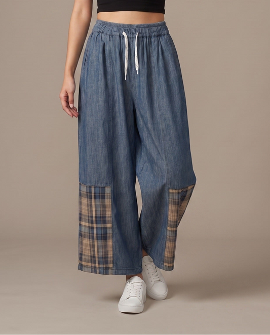 Plaid Patch Denim Wide-Leg Pants