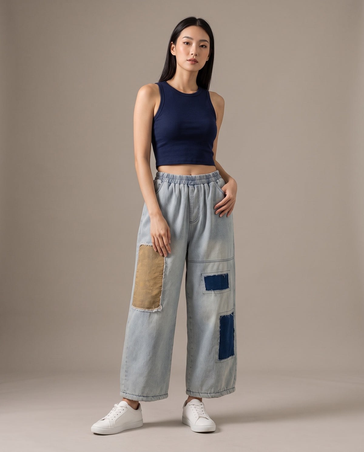 Drifted Patch Denim Pants–Washed Blue