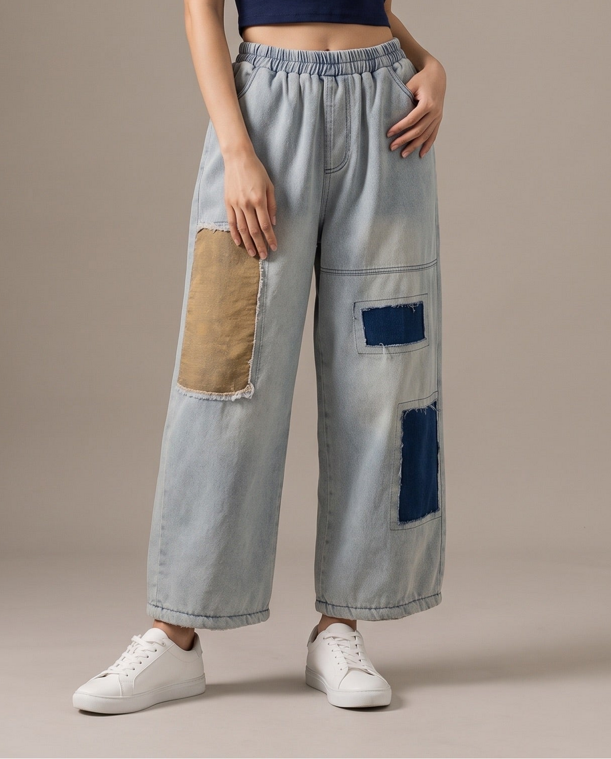 Drifted Patch Denim Pants–Washed Blue