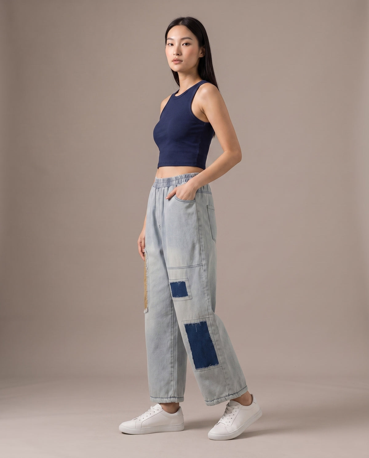 Drifted Patch Denim Pants–Washed Blue