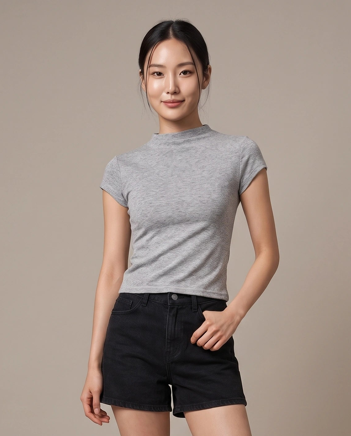 Mock-Neck T-Shirt - Floral Grey