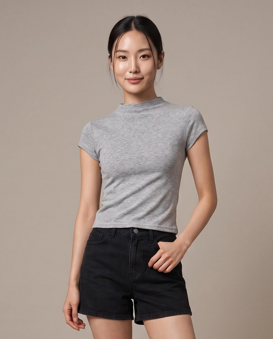 Mock-Neck T-Shirt - Floral Grey