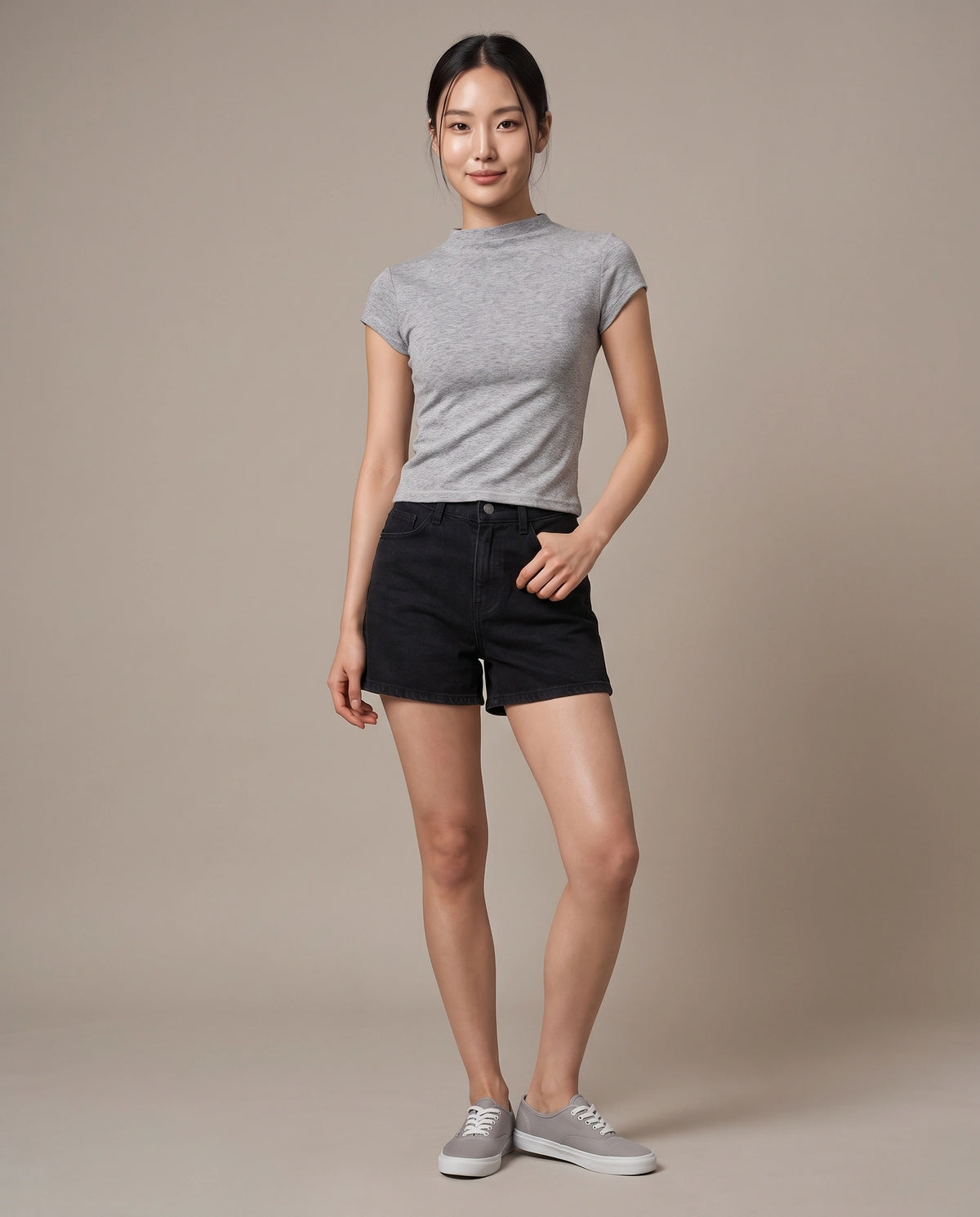 Mock-Neck T-Shirt - Floral Grey
