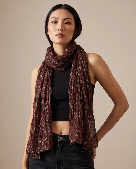 Crinkled Floral Cotton-Linen Scarf — Wine